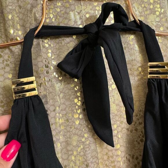 Bar III Black Solid Monokini One Piece Swimsuit Gold Accents Large - Picture 4 of 7